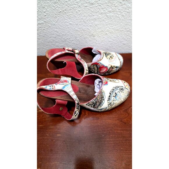 Sanita Women's 39 Mary Jean Inspired Wooden Platform Sandals Printed Straps & Re - Picture 3 of 9